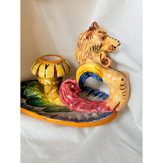 Vintage Mid-Century Modern, 1950s Italian Majolica Griffin Chambersticks, Hand-Painted Ceramic Pair For Sale In New York - Image 6 of 16