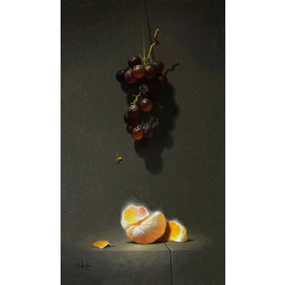 Approach by Blair Atherholt | Oil on Panel Still life of grapes and orange peels with a bee For Sale