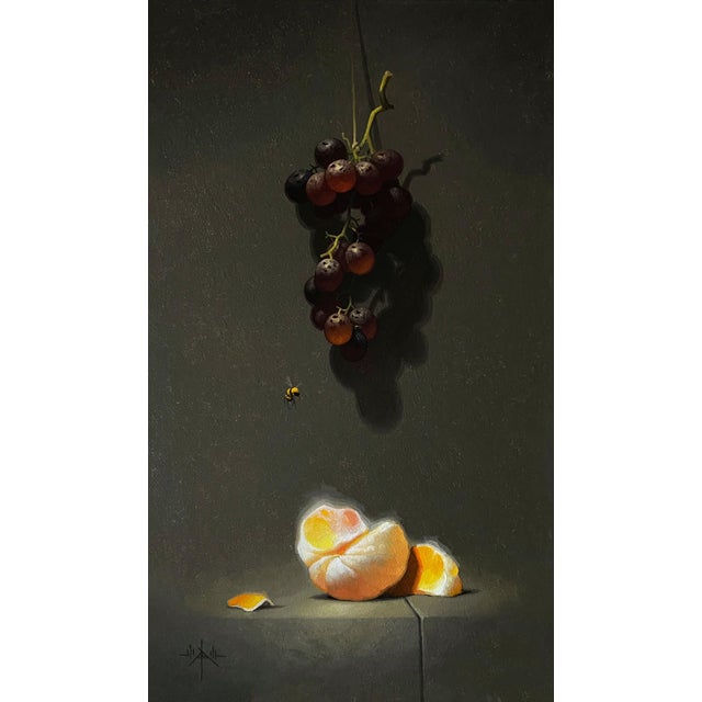 Approach by Blair Atherholt | Oil on Panel Still life of grapes and orange peels with a bee For Sale