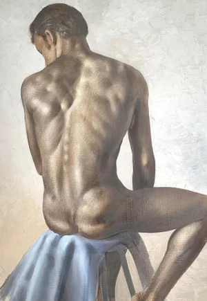 Circa 1950 Seated Male Nude Oil Painting by Roberto Lupetti