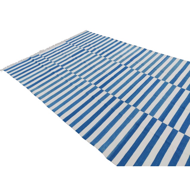 Handmade Sky Blue and White Cotton Vegetable Dyed Striped Rug - 10'x14' For Sale - Image 6 of 10