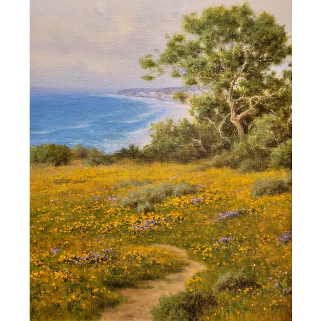 1980s David Chapple -Poppy Fields & Wildflowers Overlooking the Pacific Ocean-Oil Painting For Sale - Image 5 of 10