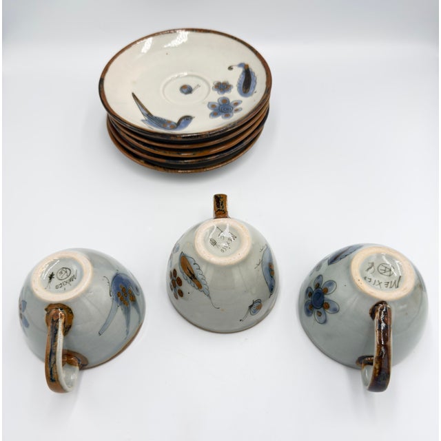 Ceramic Ken Edwards 1960s El Palomar Tonala Coffee Tea Cups & Plates Mexico Folk Art Pottery - Set of 8 For Sale - Image 7 of 13