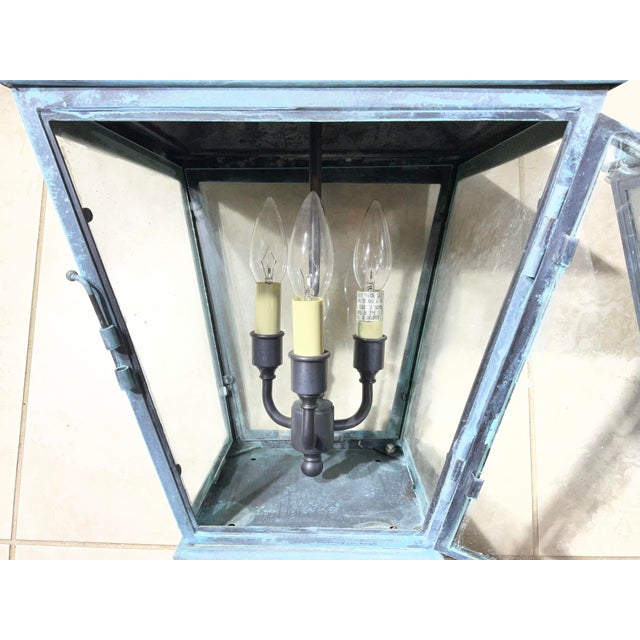 Large Pair of Vintage Solid Brass Wall Lanterns - 12”x 12”x 24” For Sale - Image 13 of 15