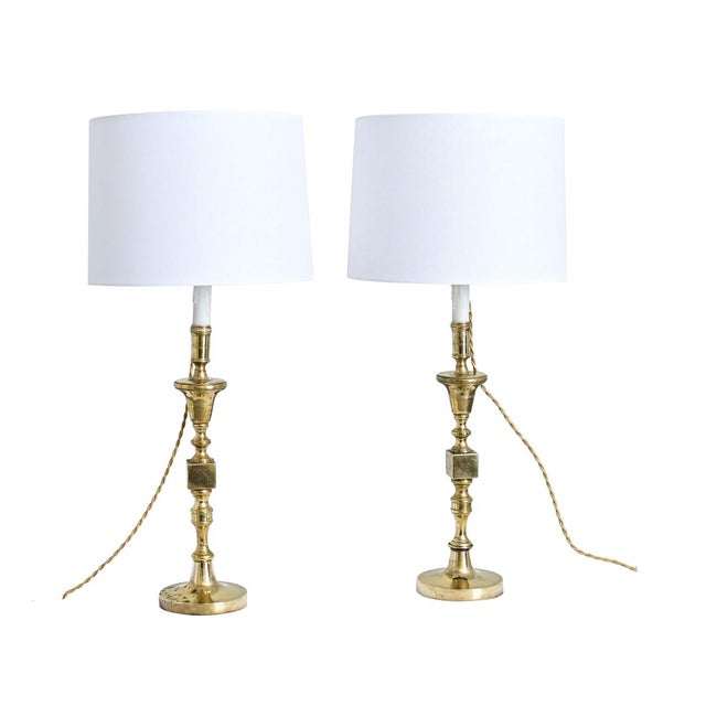 Vintage French Brass Candlestick Lamps - a Pair For Sale - Image 4 of 12