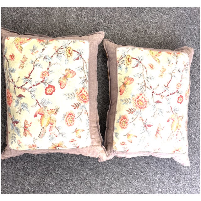 Pair of Custom Made Linen and Silk Pillows, Newly Made, Chinoiserie Pattern For Sale - Image 4 of 6