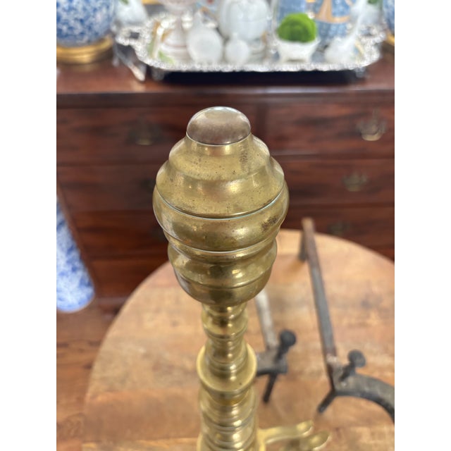 Antique 19th Century Classic Tall Beehive Brass Andirons With Exaggerated Ball Feet- a Pair For Sale - Image 6 of 11