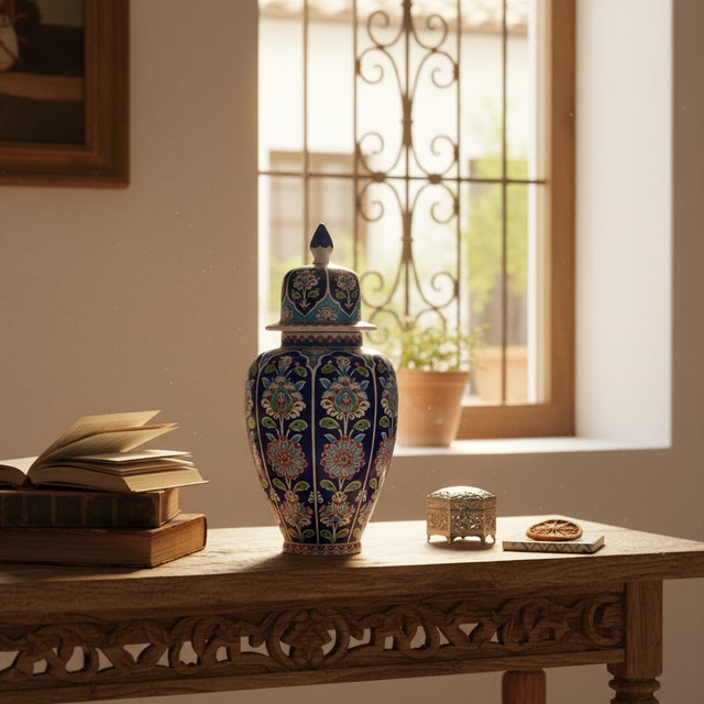 2020s Handmade Ceramic Shah Vase (30cm) Royal Cobalt Blue Background Floral Temple Jar For Sale - Image 5 of 7
