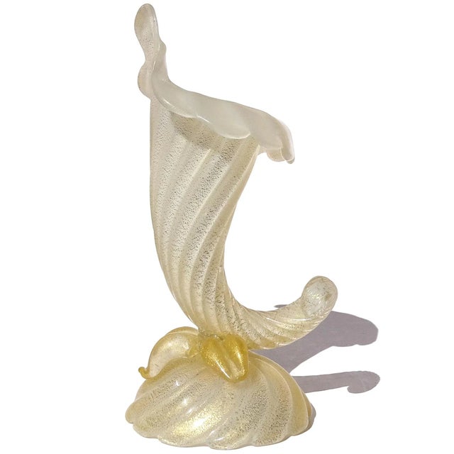 Beautiful vintage Murano hand blown opal white and gold flecks Italian art glass cornucopia flower vase. Documented to...