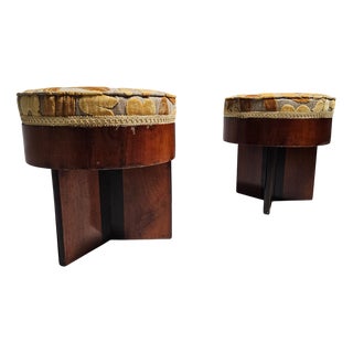Set of Art Deco Walnut and Floral-Printed Fabric Stools, Italy, 1930s For Sale