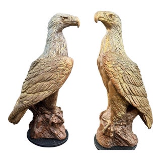 Pair of Hand Carved Terra Cotta Eagles by Italian Artist For Sale