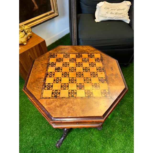 English Victorian Octagonal Game Table With Inlaid Chess/Checker Board