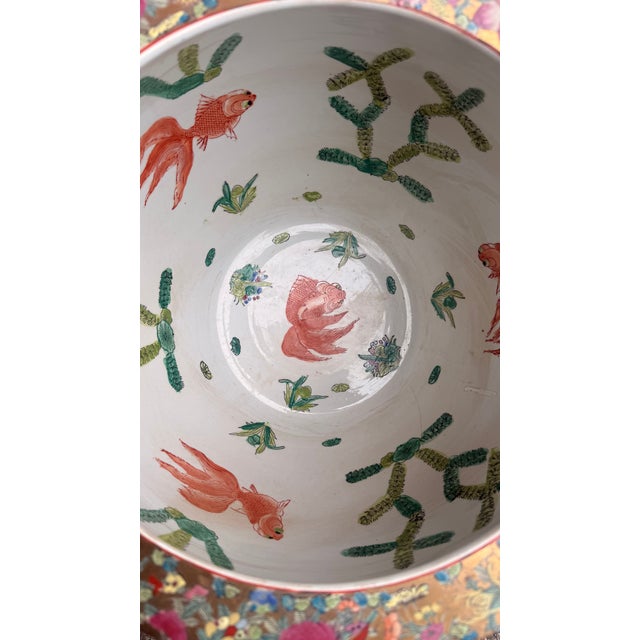 Vintage Chinese Famille Rose Gilt Porcelain Fishbowl Planter With Floral and Bird Motifs For Sale - Image 12 of 14