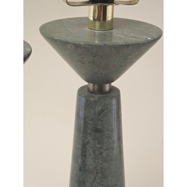 Contemporary Pair of 1970s Sculptural Modern Solid Green Marble Italian Cone Lamp Bases With Brass Detailing For Sale - Image 3 of 3