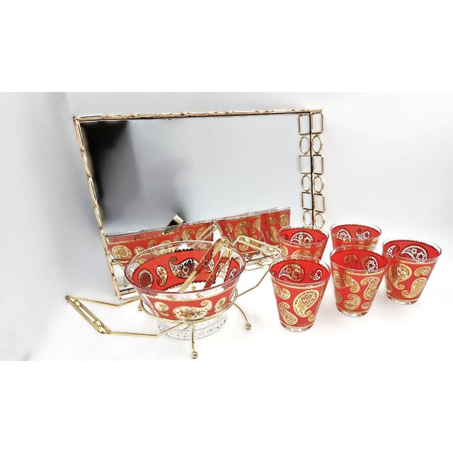 Mid-Century Modern 1960s Culver Red Paisley 22k Glasses Ice Bucket in Caddy With Uttermost Tray Set- 9 Pieces For Sale - Image 3 of 7