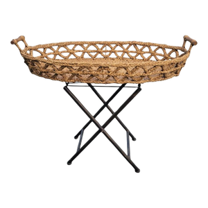 Vintage Large Oval Weaved Wicker Basket Folding Side Tray Table