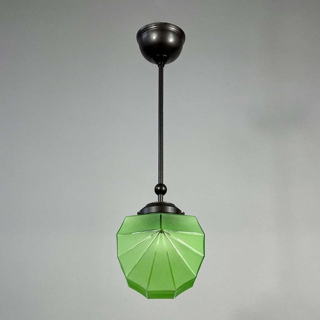 Swedish Green Uranium Glass and Burnished Brass Pendant from Böhlmarks, 1930s For Sale - Image 16 of 18