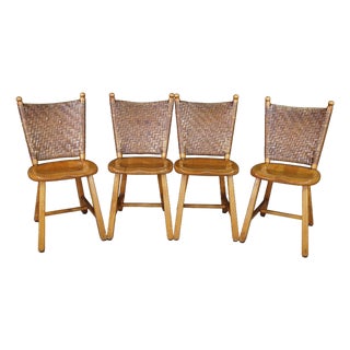 4 Vintage Old Hickory Arts & Crafts Rustic Oak Herringbone Dining Side Chairs For Sale