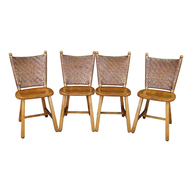 4 Vintage Old Hickory Arts & Crafts Rustic Oak Herringbone Dining Side Chairs For Sale
