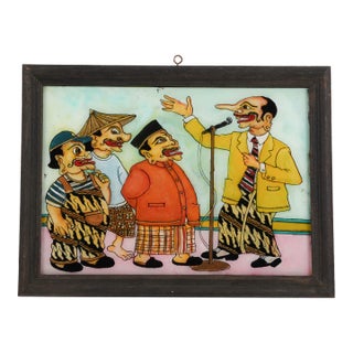 Framed Punakawan Reverse Glass Painting of Petruk Giving a Speech For Sale