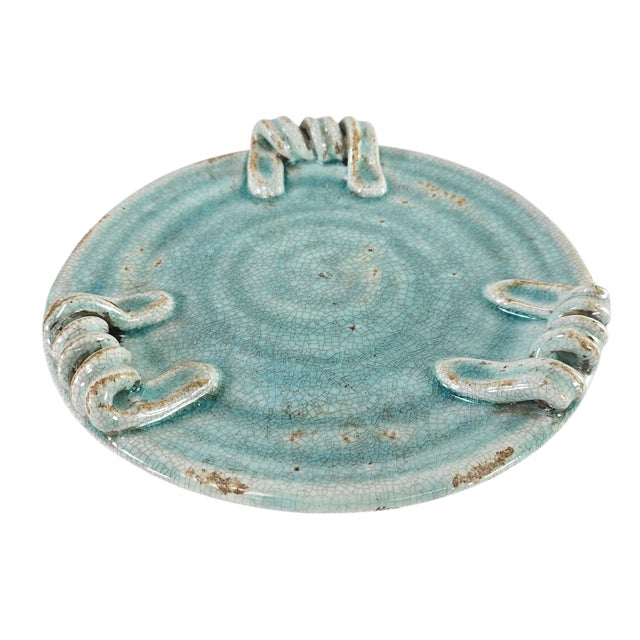 Rustic Handmade Studio Pottery Ceramic Turquoise Crackle Glaze Platter 10” For Sale - Image 3 of 7