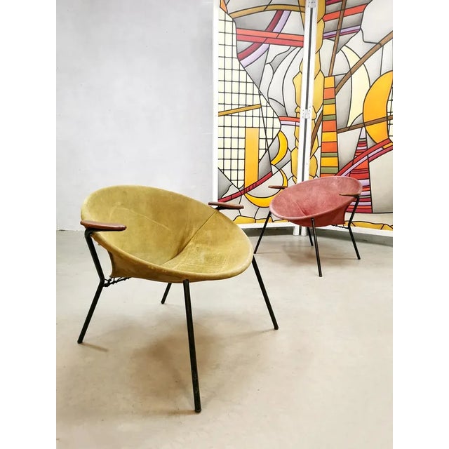 A beautiful rare set of suede bucket chairs, also called the balloon chairs. Designed by Hans Olsen. Produced by Lea...