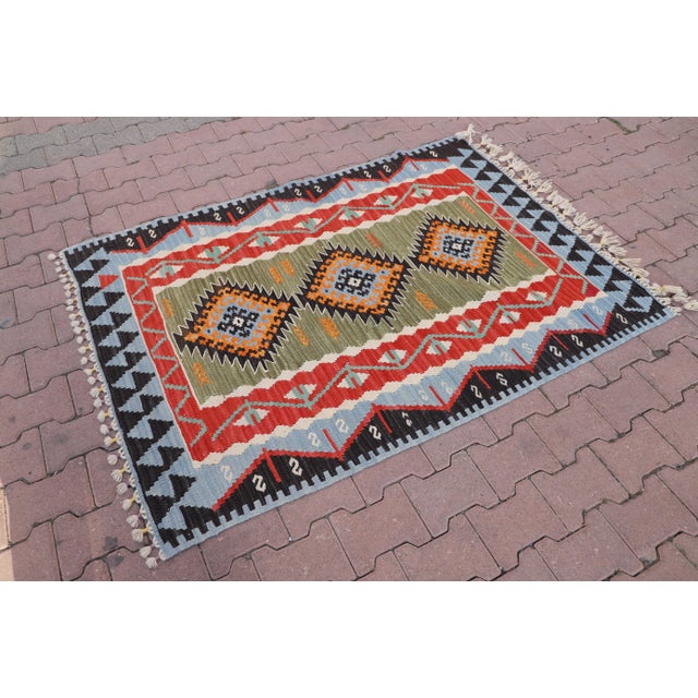 Mid-Century Modern 1970s Mid-Century Modern Blue Kilim Rug For Sale - Image 3 of 8