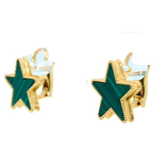 Contemporary Green Malachite Star Galaxy Celestial Constellation Zodiac Yellow Gold Earrings, A Pair For Sale - Image 3 of 11
