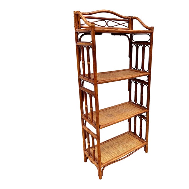 1970s Bamboo and Rattan Freestanding Four Shelf Bookcase, Vintage Palm Beach Regency Style For Sale