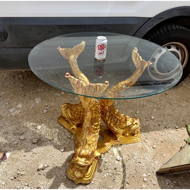 1960s Vintage Hollywood Regency Gold Koi Fish With Round Glass Top Dining Table For Sale - Image 5 of 8