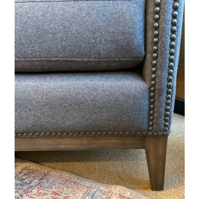 Unique Modern Charcoal Felt Double Chaise Lounge, brown leather bolster pillows, bronze nailhead design, warm walnut...