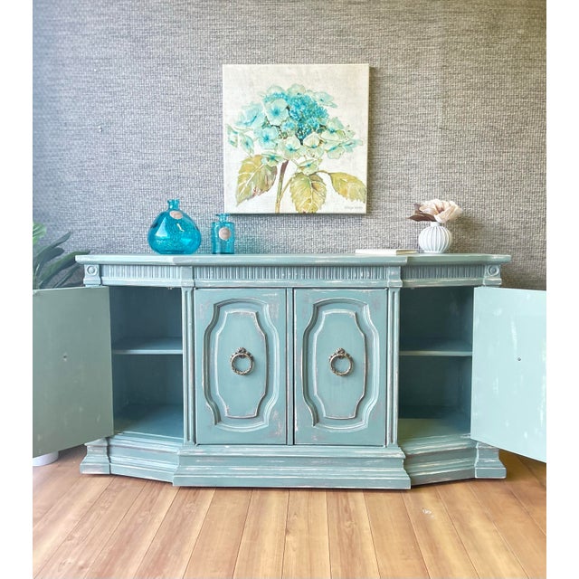Wood Vintage French Provincial Style Hand-Painted Sideboard With Embossed Drawers For Sale - Image 7 of 12