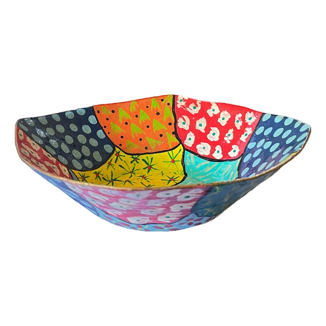 Large Hand-Painted Papier-Mâché Bowl – Postmodern / Memphis Style Patchwork – European Folk Modern For Sale