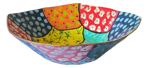 Large Hand-Painted Papier-Mâché Bowl – Postmodern / Memphis Style Patchwork – European Folk Modern