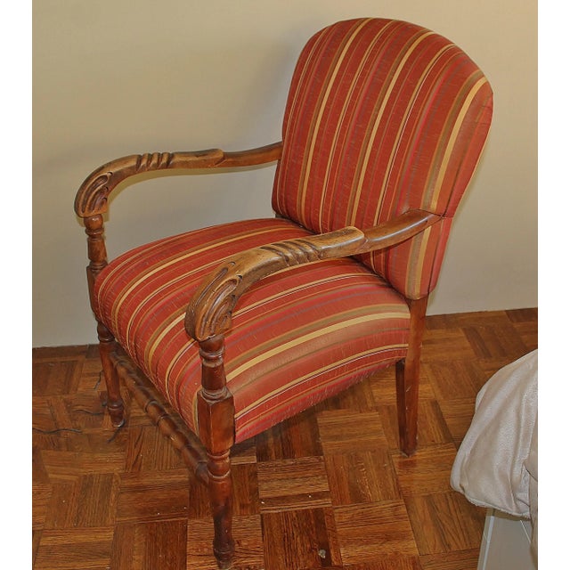 Wood Taffeta & Silk Striped Carved Details Arm Chair For Sale - Image 7 of 7