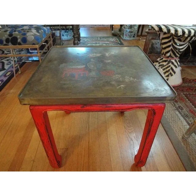 Red Chinese Lacquered Table With Etched Bronze Top For Sale - Image 8 of 12