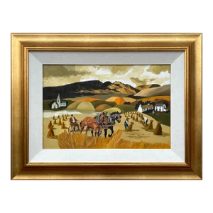 Desmond Kinney, Abstract Landscape of Horses in Cornfield in Warm Colours by Modern Irish Artist, 1995 Circa