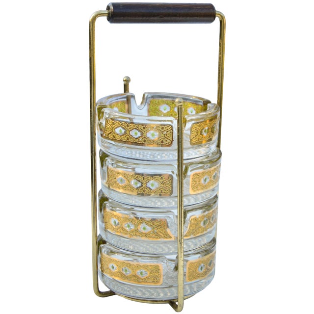 American Mid 20th Century Gold-Patterned Culver Glass Ashtrays With Caddy- 5 Pieces For Sale - Image 3 of 7
