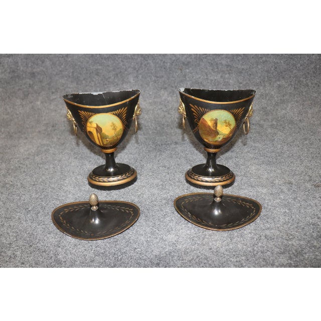 Pair English Style Tole Painted Metal Small Brass Mounted Urns For Sale - Image 12 of 13