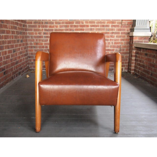 -RUSSEL WRIGHT LOUNGE Arm CHAIR Armchair, Maple Wood Frame, Brown Leather-Like Vinyl, Mid-Century Modern Thonet Conant...