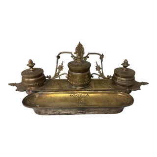 Ornate Antique Victorian Cast Metal Pen Stand With Three Inkwells For Sale