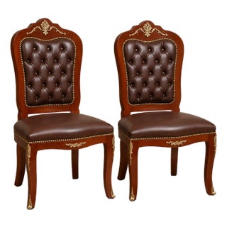 French Louis XV Brown Leather Tufted Dining Chair – Wood Frame With Gold Leaf Details For Sale