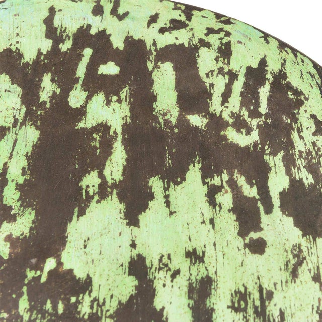 Farmhouse 1990s Rustic Brown Wood Round End Table With Teal Iron Base – 1 Piece For Sale - Image 3 of 3