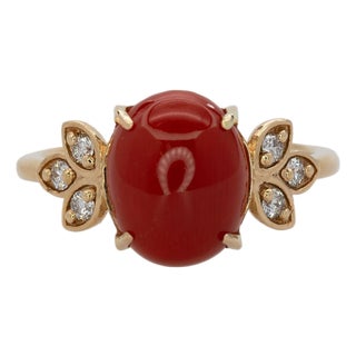 2.3Ct Italian Coral Ring With Natural Diamond Accents: Solid 14k Gold, 10x8mm, Size 5 For Sale