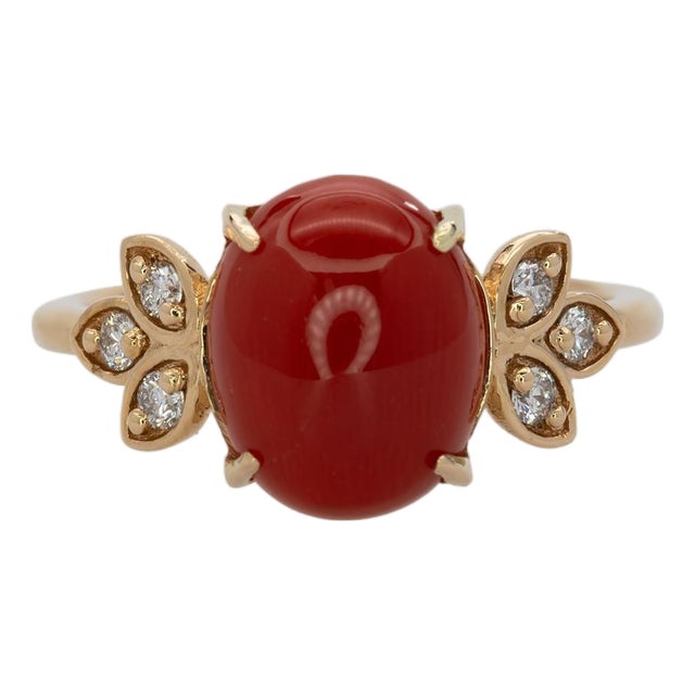 2.3Ct Italian Coral Ring With Natural Diamond Accents: Solid 14k Gold, 10x8mm, Size 5 For Sale