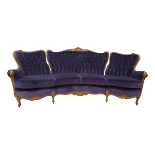 French Baroque Curved Carved Wood and Lilac Velvet Sofa For Sale