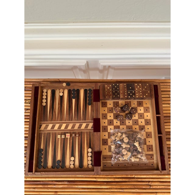 Mid-Century Modern Vintage Mid-Century Inlaid Wood & Brass Tabletop Game Set Backgammon, Chess, Dominoes, Dice , Made in England For Sale - Image 3 of 17
