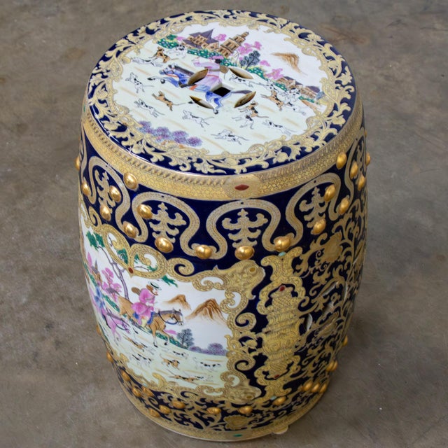 20th Century Chinoiserie Asian Garden Stool or Plant Stand Ornate Hand Painted Glazed Ceramic For Sale - Image 6 of 18
