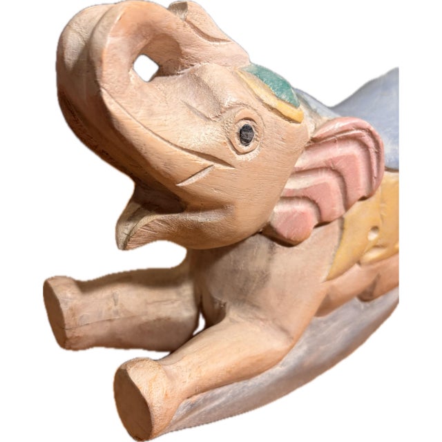 Light Pink Vintage Hand-Carved Thai Wooden Rocking Elephant Sculpture - Rare Artisan Nursery Décor For Sale - Image 8 of 12