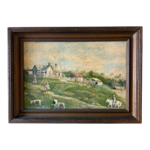 Vintage Folk Art Oiil Painting of Rural Farm Scence